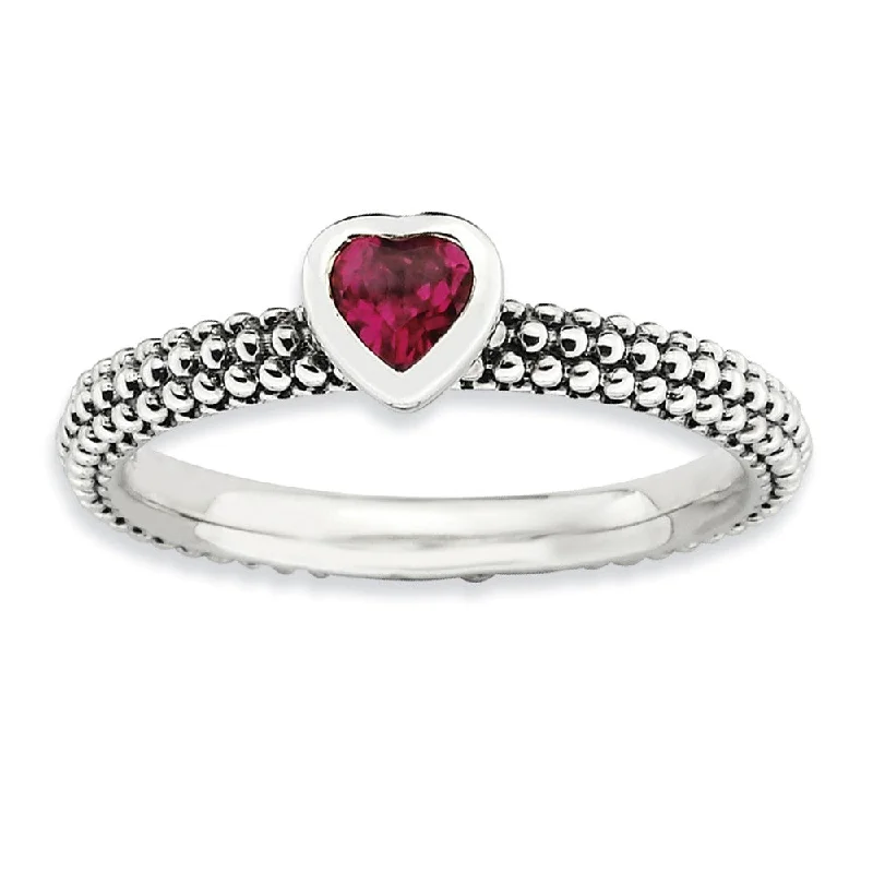 Ladies rings mature appeal-Sterling Silver Stackable 1/3 Carat Created Ruby Heart Ring