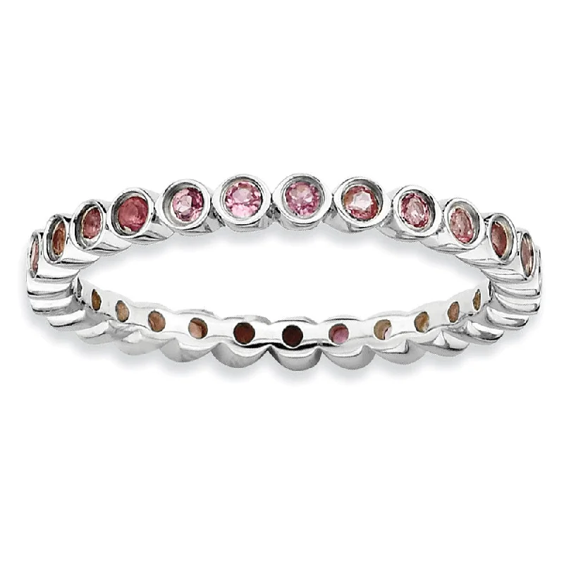 Ladies rings hypoallergenic-Sterling Silver Stackable Bezel Set Pink Tourmaline 2.25mm Band