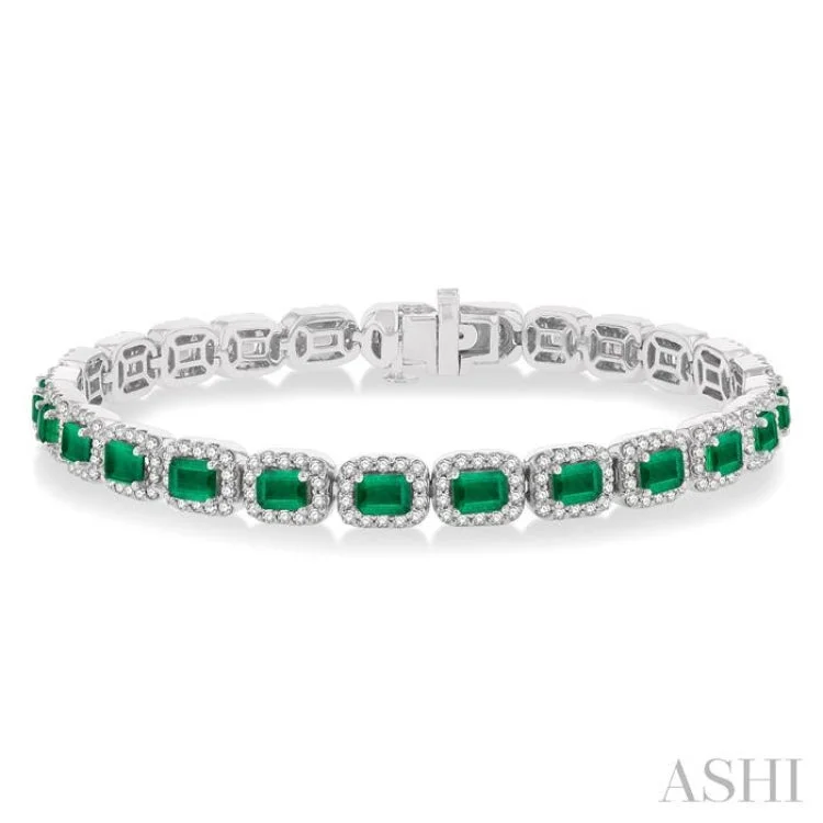 Ladies bracelets simple elegance-2 1/5 ctw 4X3MM Emerald and Round Cut Diamond Halo Precious Tennis Bracelet in 14K White Gold