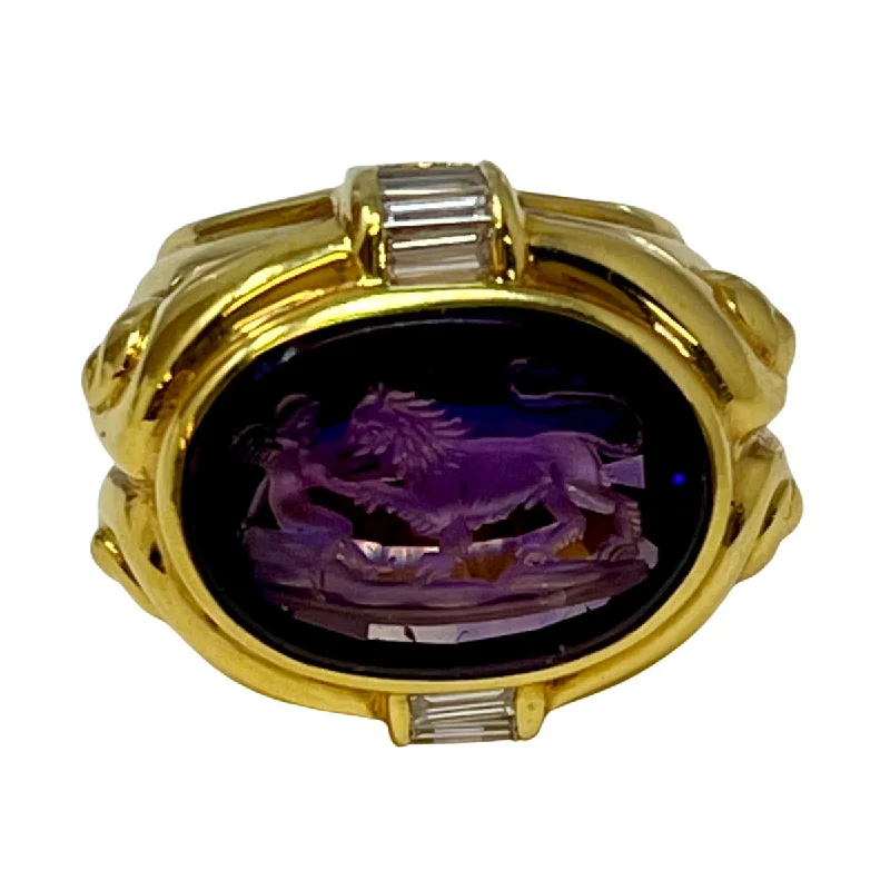 Ladies rings Valentine’s Day-Susan Berman 18K Gold Ring with Carved Intaglio Amethyst and Diamonds