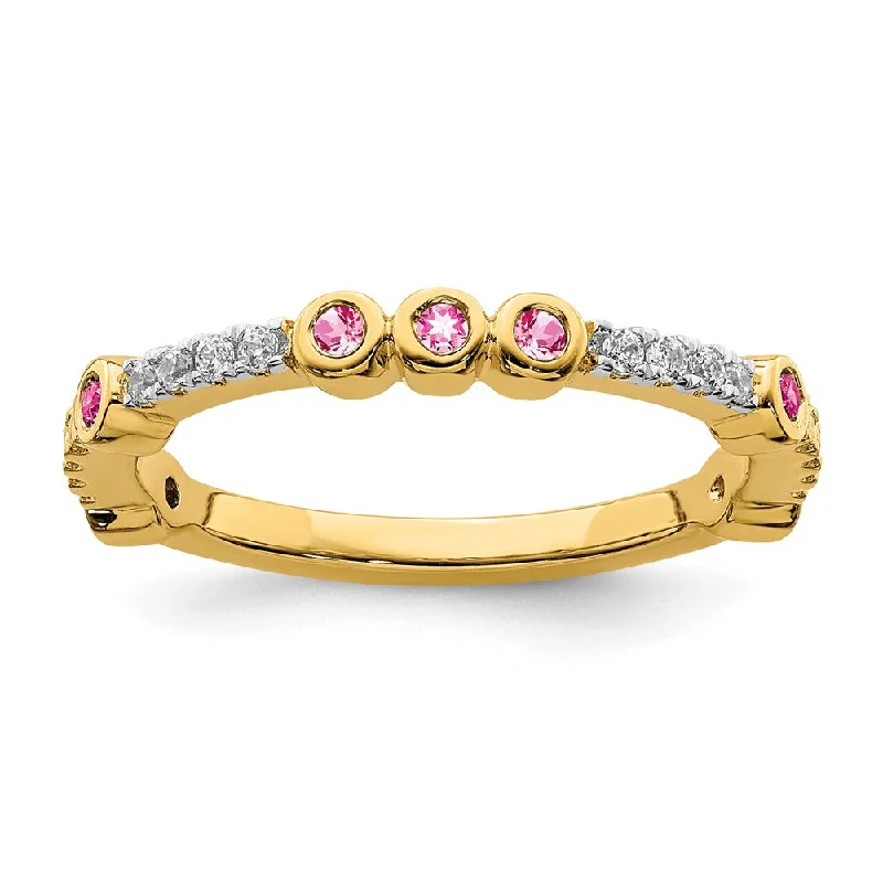 Ladies rings hypoallergenic-2mm 14k Yellow Gold Pink Tourmaline & .08 Ctw Diamond Stackable Band