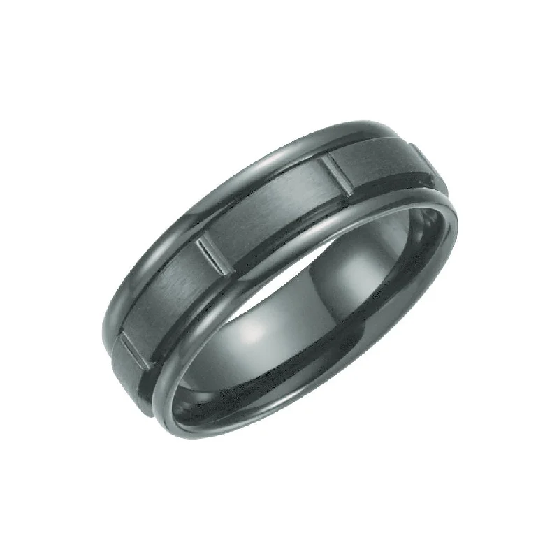 Ladies rings sterling silver-7mm Black Titanium Grooved Comfort Fit Band