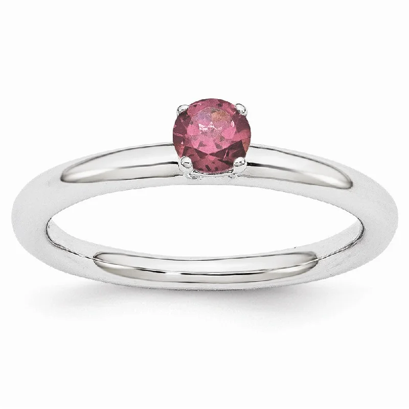 Ladies rings investment value-Rhodium Plated Sterling Silver Stackable 4mm Rhodolite Garnet Ring