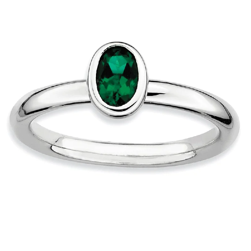 Ladies rings index finger-Silver Stackable Oval Created Emerald Solitaire Ring