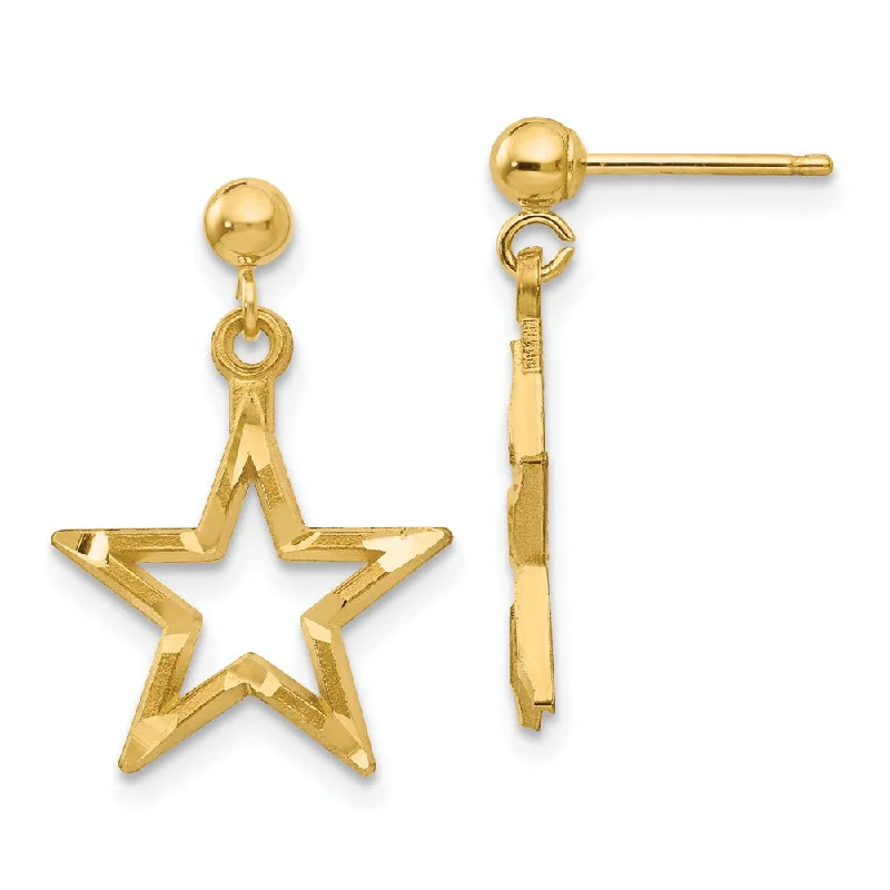 Ladies earrings sleek modern-13mm Diamond Cut Open Star Dangle Post Earrings in 14k Yellow Gold