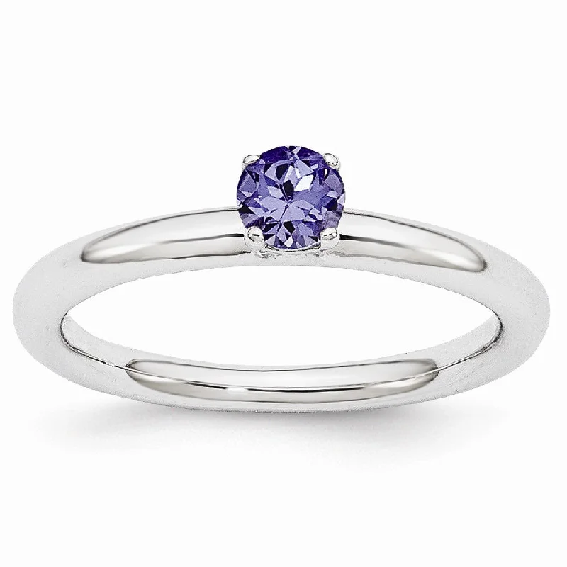 Ladies rings engraved names-Rhodium Plated Sterling Silver Stackable 4mm Created Sapphire Ring