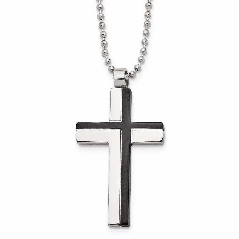 Ladies necklaces memory value-Stainless Steel Polished and Laser Cut Black IP Cross Necklace