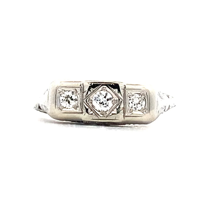 Ladies rings sapphire stones-Estate Vintage Three Stone Diamond Ring in White Gold