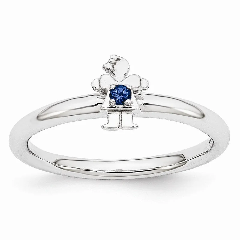 Ladies rings unique designs-Rhodium Plate Sterling Silver Stackable Created Sapphire 7mm Girl Ring